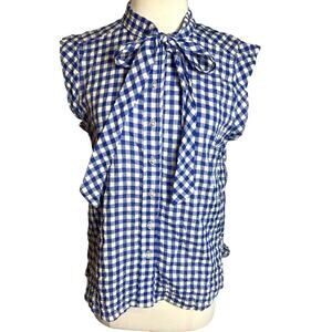 Koch gingham pearl button tie neck blouse Sz S blue white